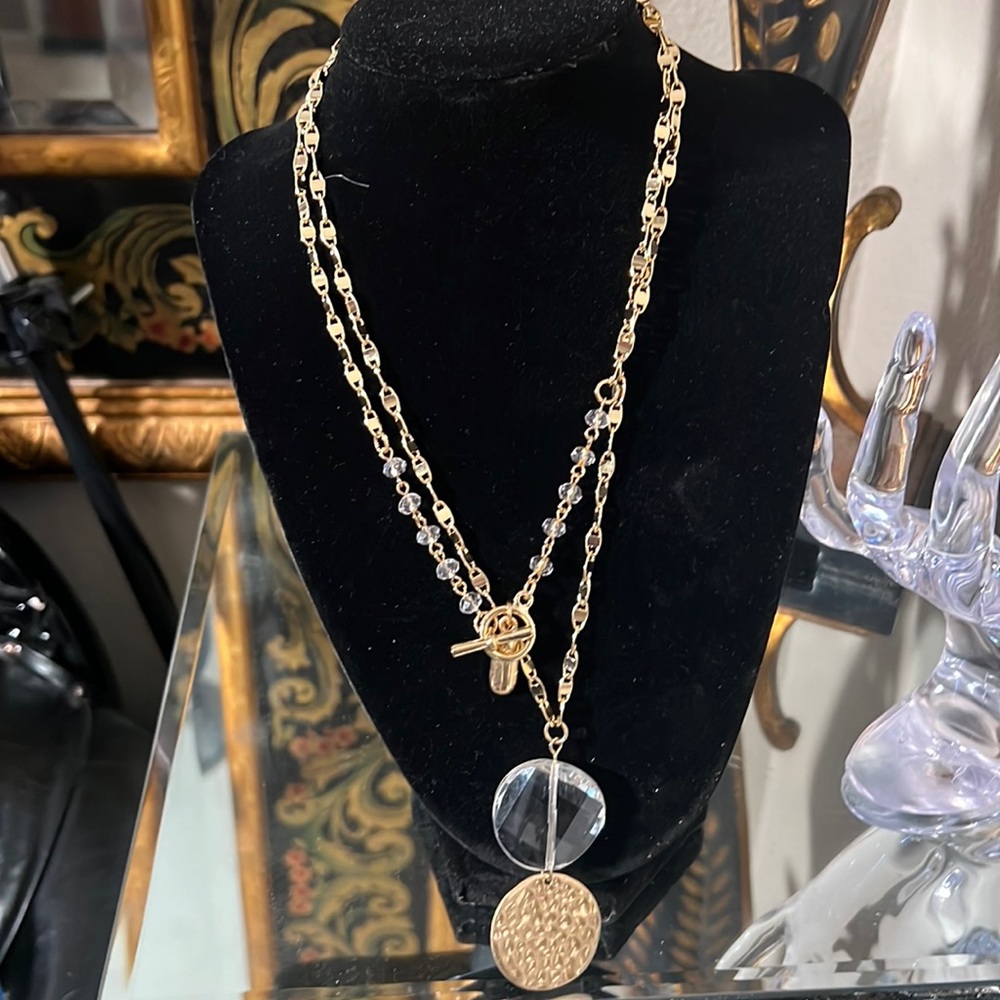 Crystal and Gold Long Boho Gypsy Necklace. Toggle Clasp. Gold. 21 inches Long.